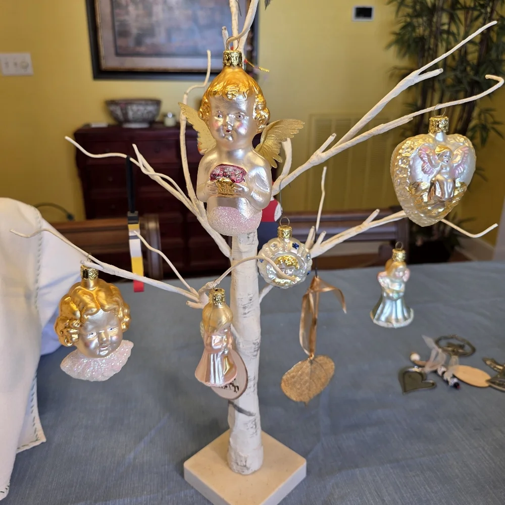 Vintage German Blown Glass Christmas Ornament Angel on a Cloud w Gold Wings EUC